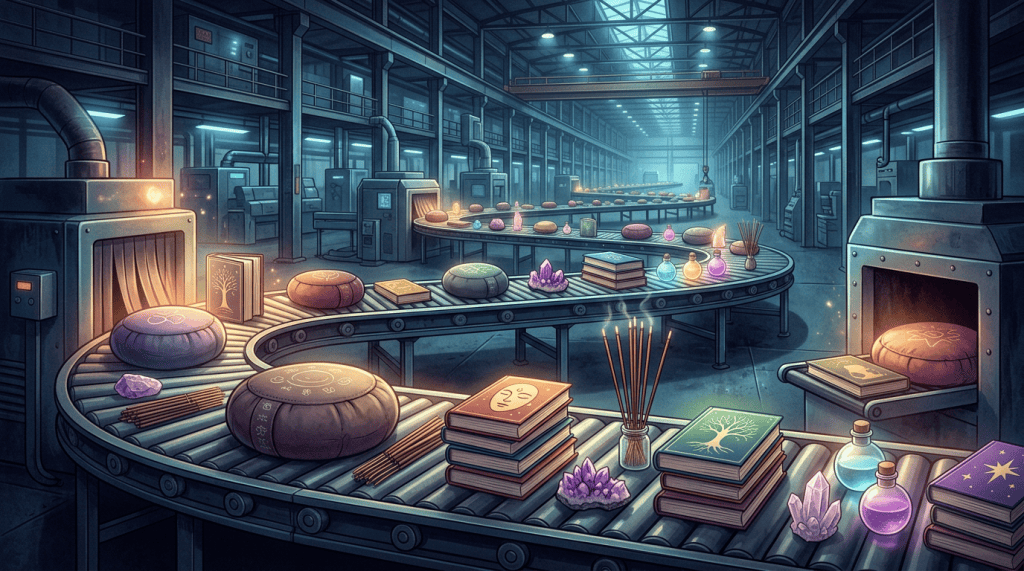 Magical factory conveyor belts carrying books, crystals, potions, and cushions