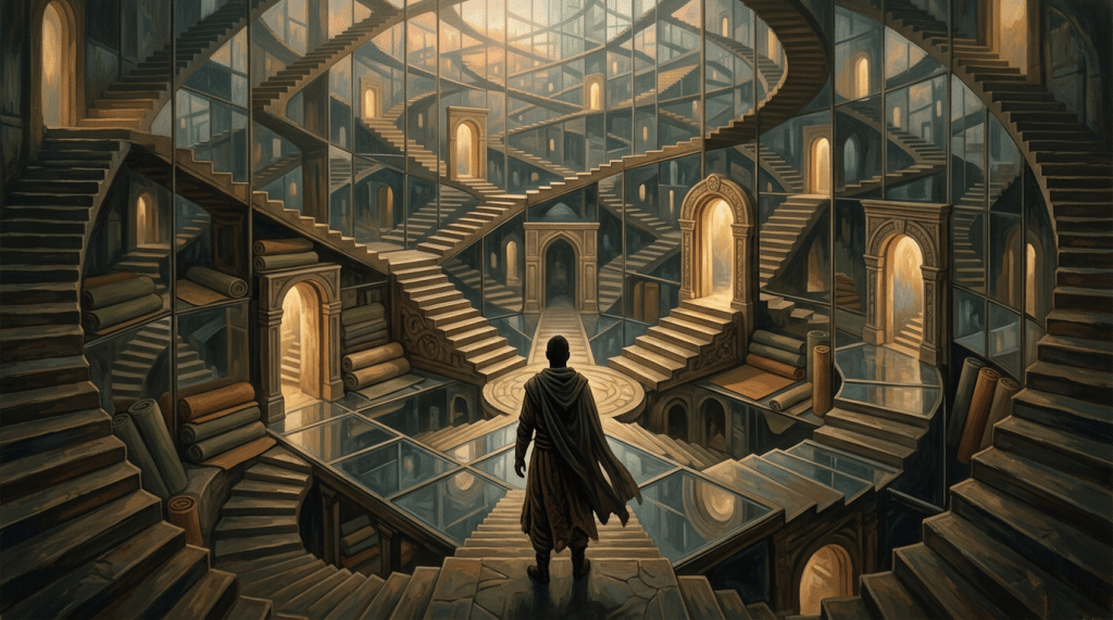 Cloaked figure facing a vast labyrinth of staircases and glowing arched doorways
