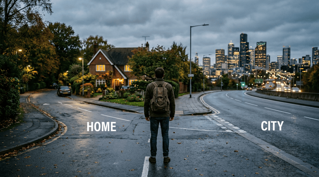 Person with backpack stands between HOME and CITY