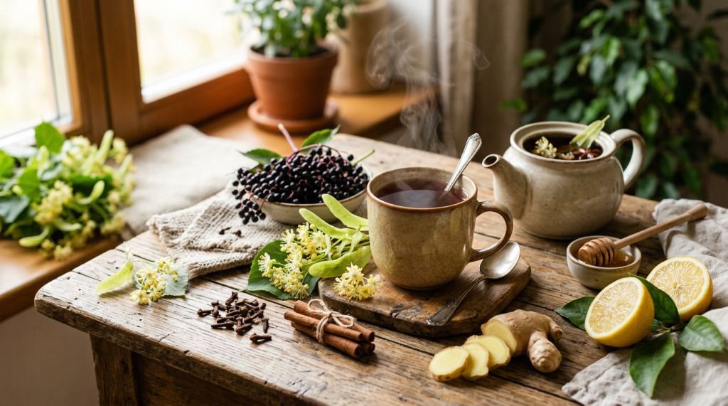 Steaming herbal tea with honey, lemon, ginger, berries, and spices