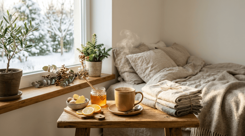 Tea, honey, citrus, and folded blankets beside a snowy bedroom window