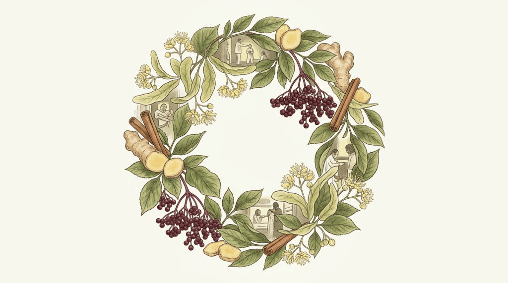 Botanical wreath with ginger, cinnamon, elderberries, leaves, flowers, and care scenes