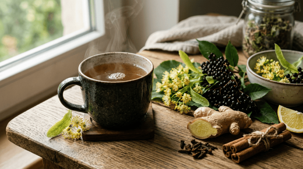 Steaming herbal tea beside elderberries, ginger, lemon, cloves, and cinnamon