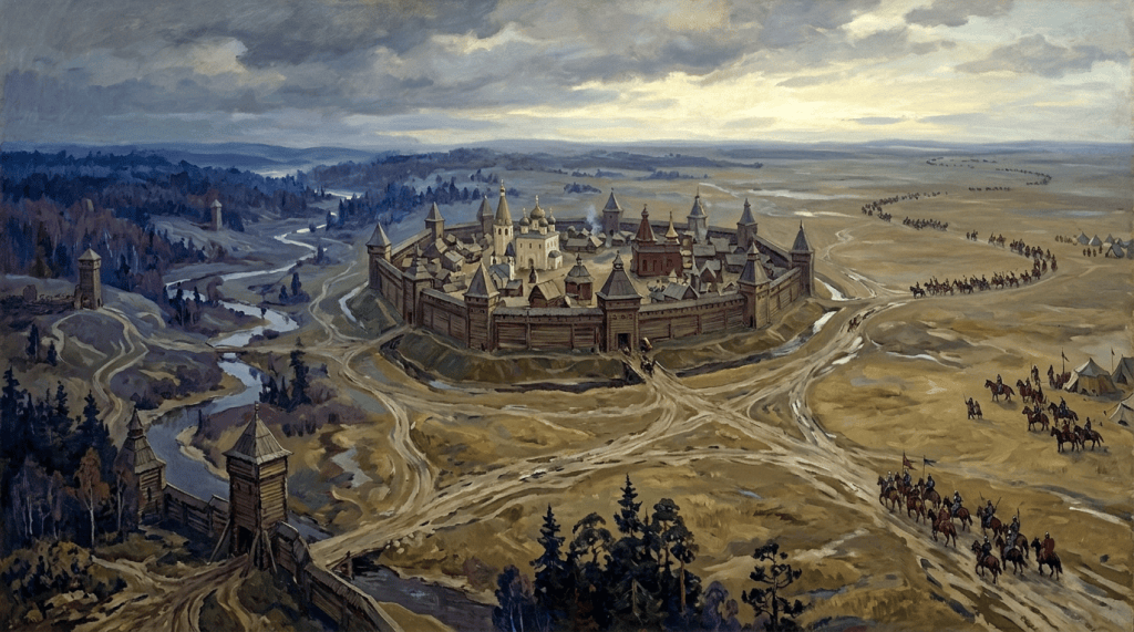 Medieval fortified city surrounded by rivers, forests, roads, and mounted troops