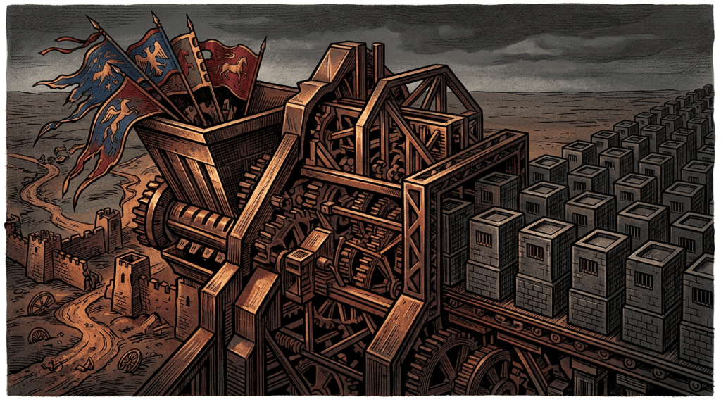 Mechanical war engine with heraldic flags overlooking fortress walls and rows of towers
