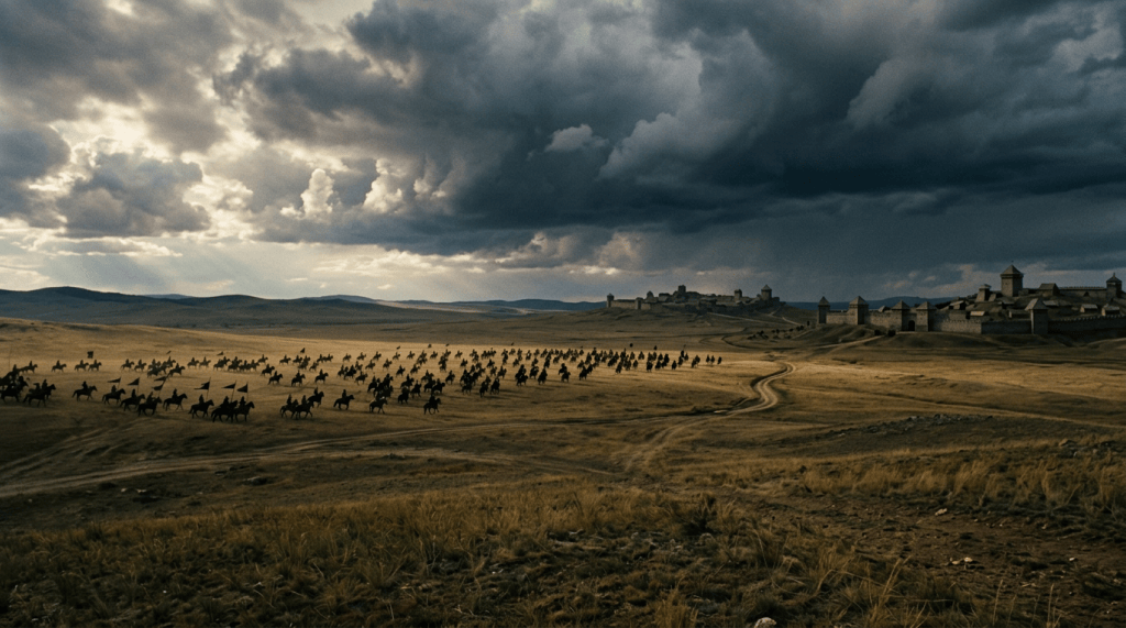 Large cavalry formation approaching a medieval fortress across open grassland
