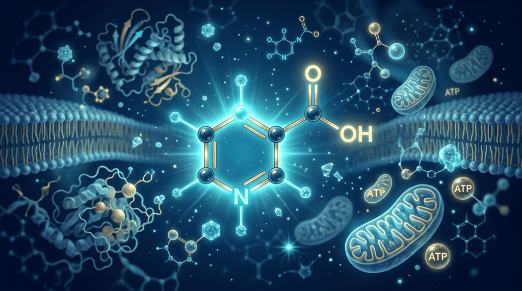Glowing molecular structure labeled N and OH amid membranes, proteins, mitochondria, and ATP