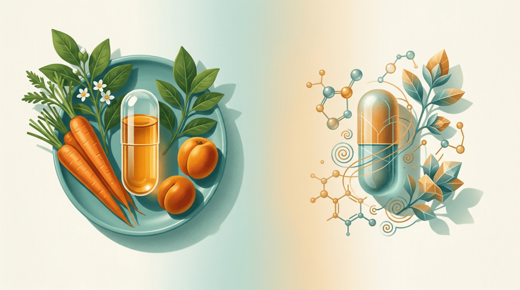 Carrots, fruit, botanical leaves, capsules, and molecular structures in a split composition