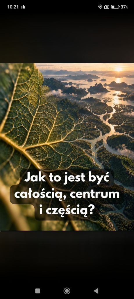 Zbliżenie na liść z detalami tekstury, w tle widok na krajobraz z górami i wodami w zachodzącym słońcu. Tekst na obrazie: 'Jak to jest być całością, centrum i częścią?'