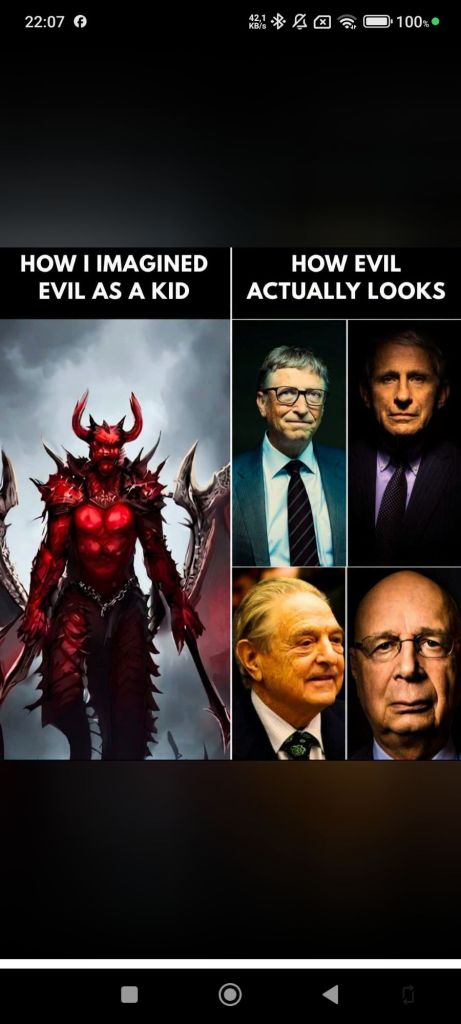 Po lewej stronie ilustracja wyimaginowanego demona przedstawiającego zło, po prawej stronie zdjęcia znanych mężczyzn w biznesie, z podpisami "Jak wyobrażałem sobie zło jako dziecko" oraz "Jak naprawdę wygląda zło".