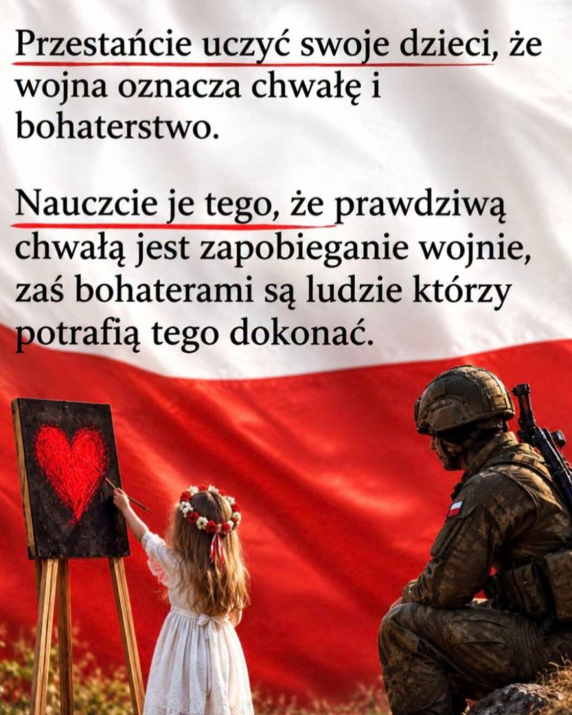Dziecko malujące serce na tle polskiej flagi, obok żołnierz w mundurze, symbolizujący pokój i bohaterstwo.