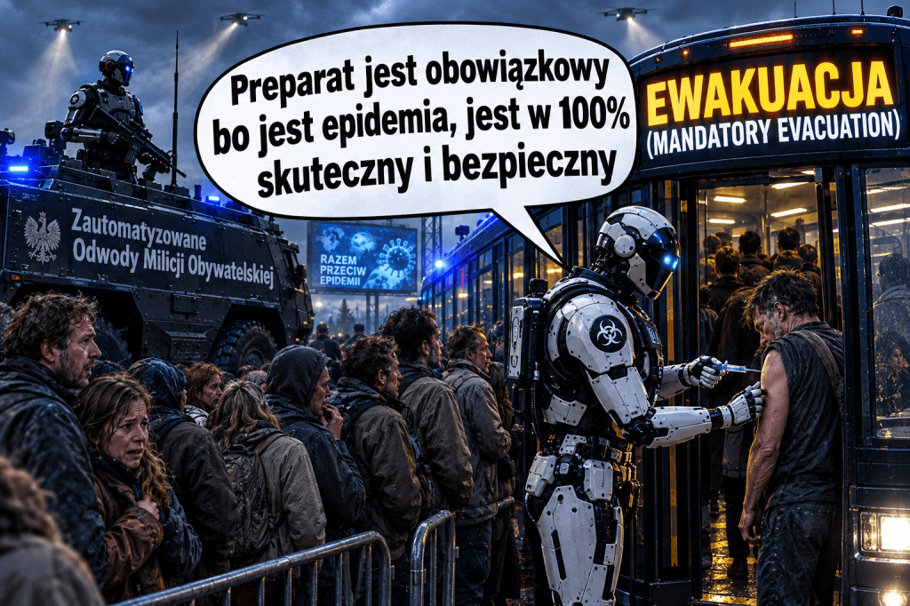 Robot podaje zastrzyk mężczyźnie w kolejce do autobusu ewakuacyjnego, z tłumem ludzi w tle. Na autobusie znajdują się napisy 'EWAKUACJA' oraz 'MANDATORY EVACUATION'. W tle widać opancerzony pojazd wojskowy.
