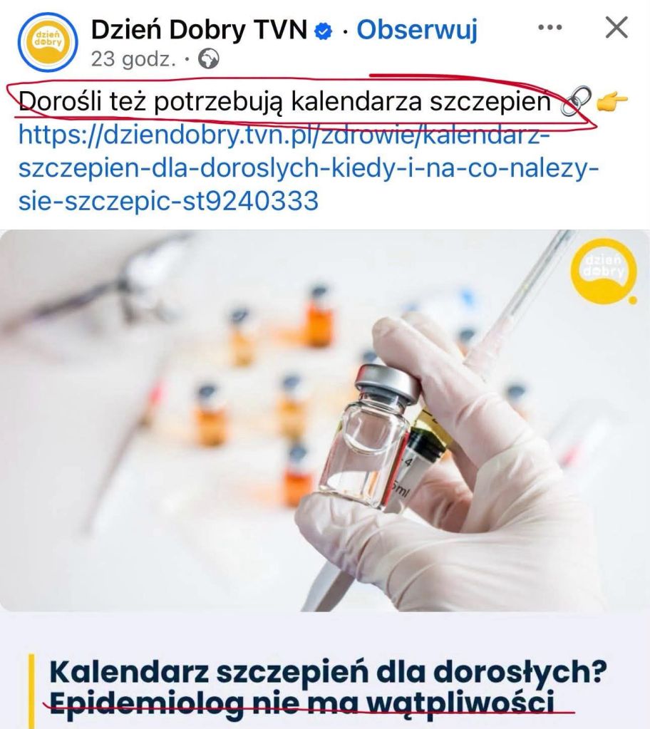 Szklany pojemnik z igłą i strzykawką, przedstawiający temat szczepień dla dorosłych. W tle widoczne kolorowe fiolki z lekami.