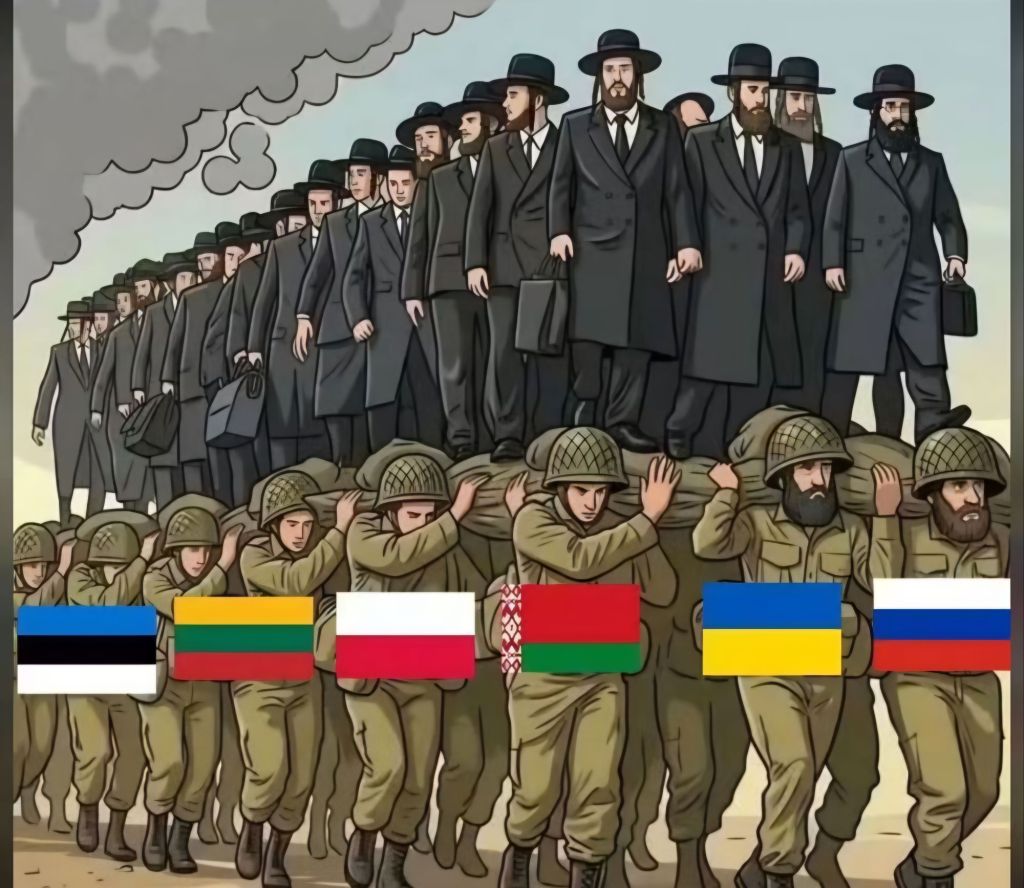 Ilustracja przedstawiająca grupę mężczyzn w garniturach idących po mężczyznach w mundurach wojskowych, z flagami krajów w dolnej części obrazu.