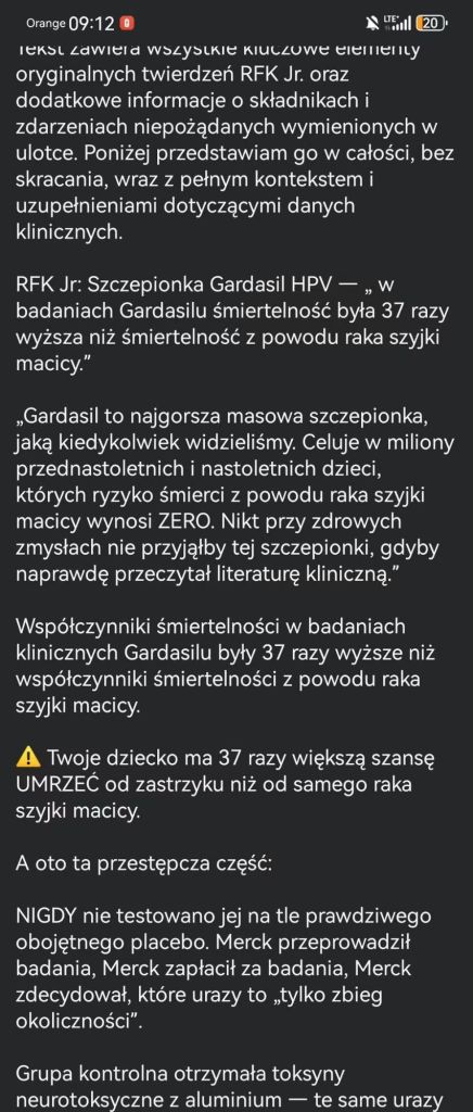 Tekst dotyczący bezpieczeństwa i skuteczności szczepionki Gardasil HPV, zawierający informacje o wyższej śmiertelności związanej z jej stosowaniem w porównaniu do śmiertelności z powodu raka szyjki macicy.