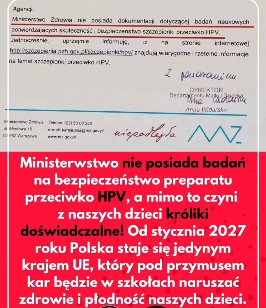 Dokument informacyjny Ministerstwa Zdrowia w Polsce dotyczący braku badań bezpieczeństwa szczepionki przeciwko HPV oraz ostrzeżenie o wprowadzeniu obowiązkowych szczepień od stycznia 2027 roku.