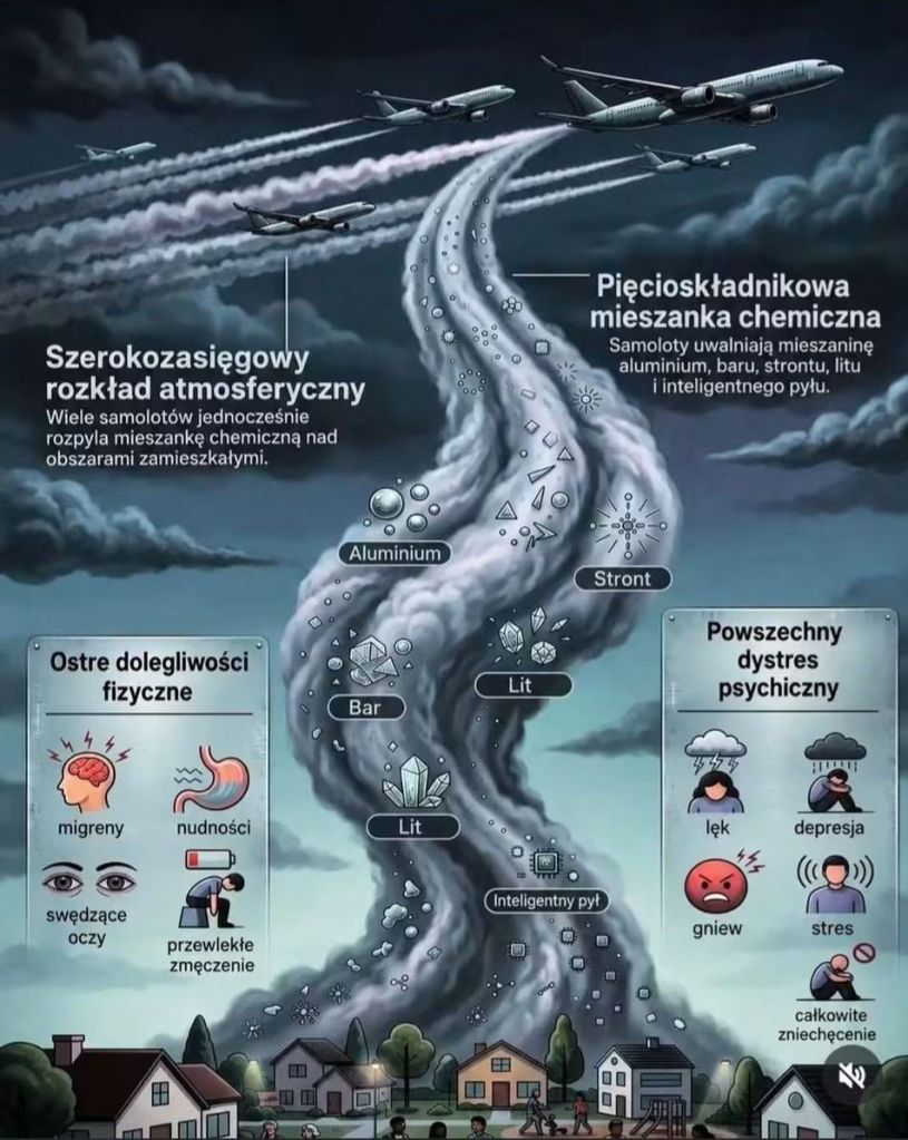 Wizualizacja procesu rozprzestrzeniania się chemikaliów w atmosferze przez samoloty, z grafikiem przedstawiającym różne substancje, takie jak aluminium i stront, oraz ich potencjalny wpływ na zdrowie fizyczne i psychiczne mieszkańców.