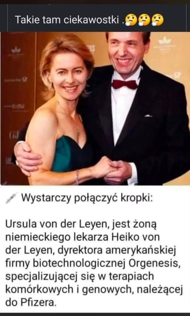 Ursula von der Leyen pozująca z mężczyzną na formalnym wydarzeniu, oboje uśmiechnięci, w eleganckich strojach.
