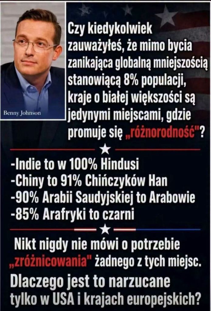 Grafika przedstawia mężczyznę w okularach oraz tekst poruszający kwestie różnorodności etnicznej w różnych krajach, zestawiając procenty ludności o dominujących grupach etnicznych.