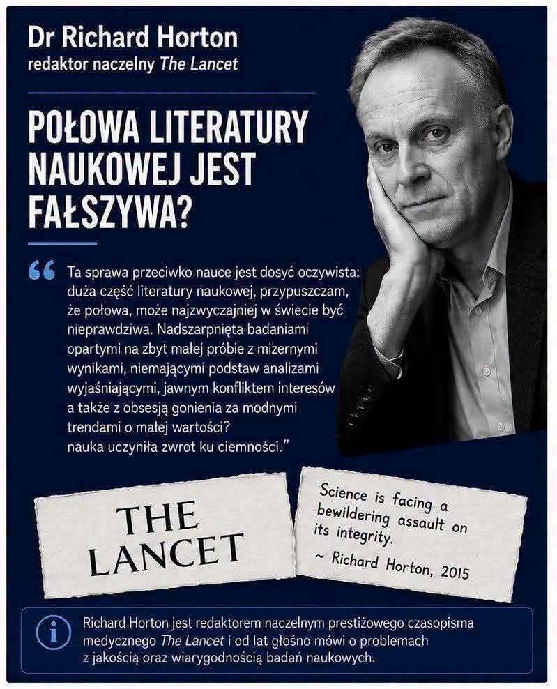 Portret doktora Richarda Hortona, redaktora naczelnego The Lancet, na tle cytatu dotyczącego naukowej literatury i jej integralności.