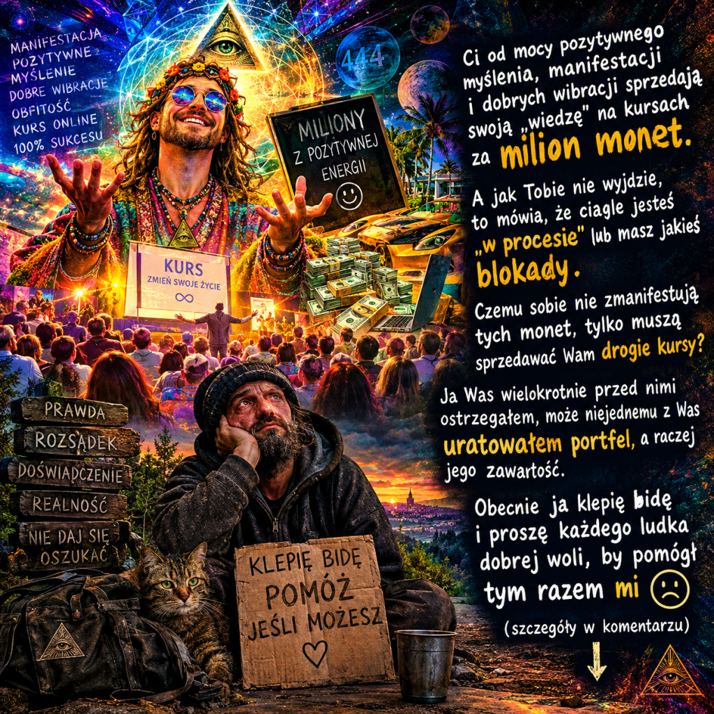 Plakat promujący kurs online o pozytywnym myśleniu i finansach, z postacią mężczyzny w okularach przeciwsłonecznych, otoczonego symbolami obfitości oraz z widokiem na tłum ludzi. Obok, bezdomny mężczyzna z kotem trzymający karton z prośbą o pomoc.