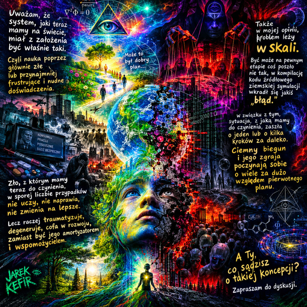 Fantastyczna grafika pokazująca złożone interakcje między nauką a rzeczywistością, z postacią ludzką w centrum oraz symbolami spirytualnymi i technologicznymi wokół.