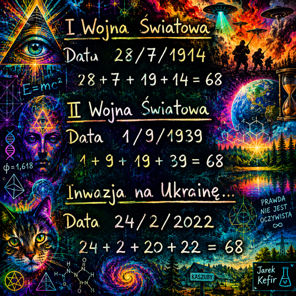 Grafika przedstawiająca ważne daty historyczne: I Wojna Światowa (28/7/1914), II Wojna Światowa (1/9/1939) oraz inwazja na Ukrainę (24/2/2022). Obok dat znajdują się obliczenia, które pokazują, że suma cyfr w każdej dacie wynosi 68. Tło zawiera kolorowe, abstrakcyjne wzory i symbole związane z nauką oraz historią.