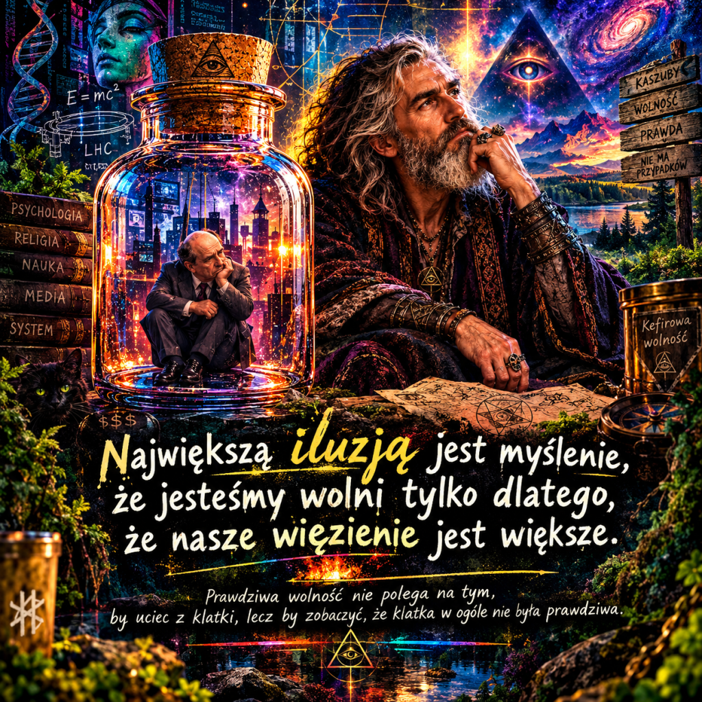 Artystyczna ilustracja przedstawiająca mężczyznę zamkniętego w słoju, symbolizującego ograniczenia myślowe, obok niego mężczyzna z długimi włosami, refleksyjnie patrzący w przyszłość. W tle mistyczne krajobrazy i symbole nauki, filozofii oraz duchowości.