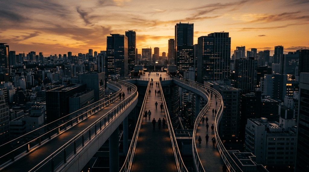 Elevated pedestrian walkways winding through a dense city at sunset