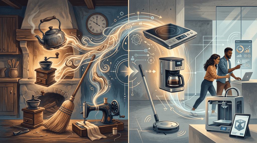 Split scene contrasting traditional crafts with modern smart home technology