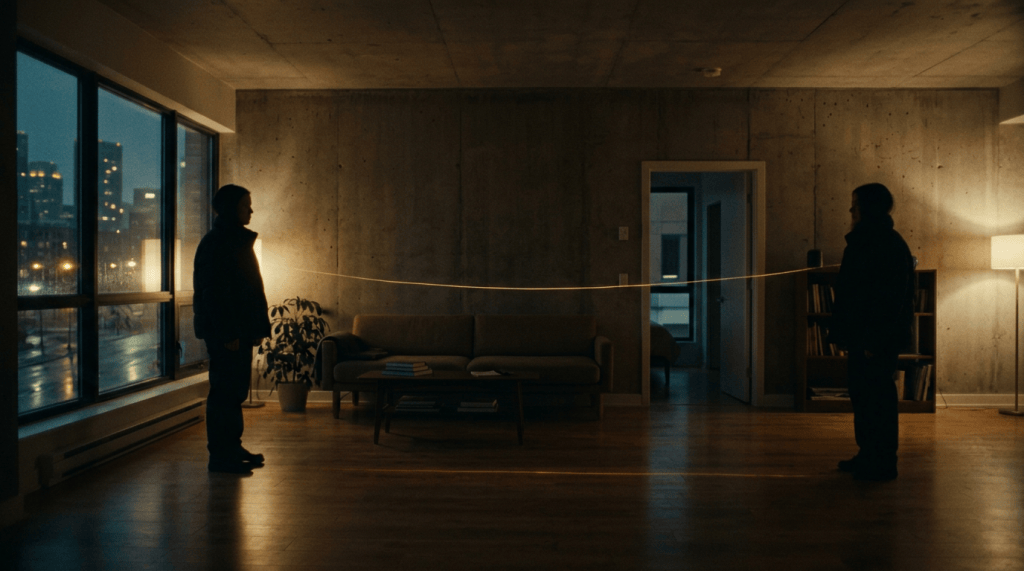 Two silhouetted people facing each other across a dim apartment