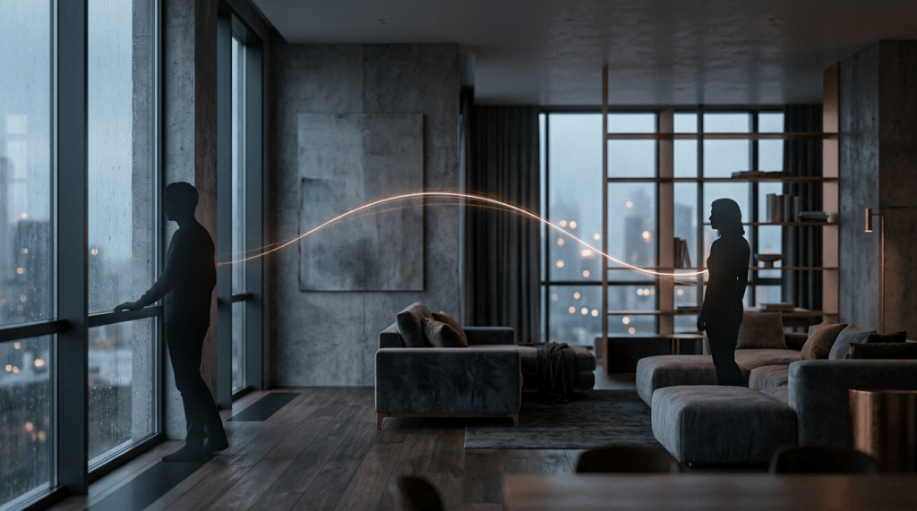 Two silhouetted people in a modern apartment connected by a glowing light arc