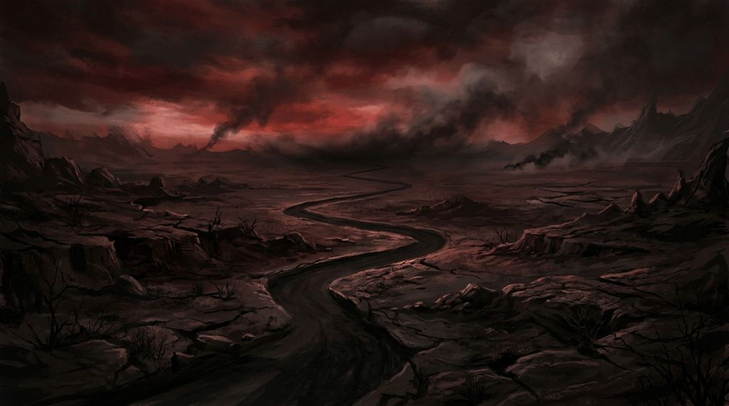 A dark river winding through a barren wasteland beneath crimson storm clouds