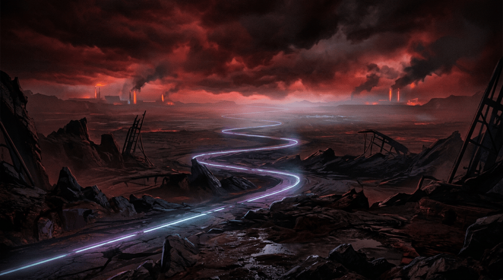 Glowing winding road through a ruined wasteland beneath red storm clouds