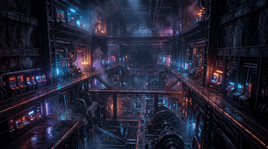 Neon-lit industrial facility with machinery, pipes, control panels, and elevated walkways
