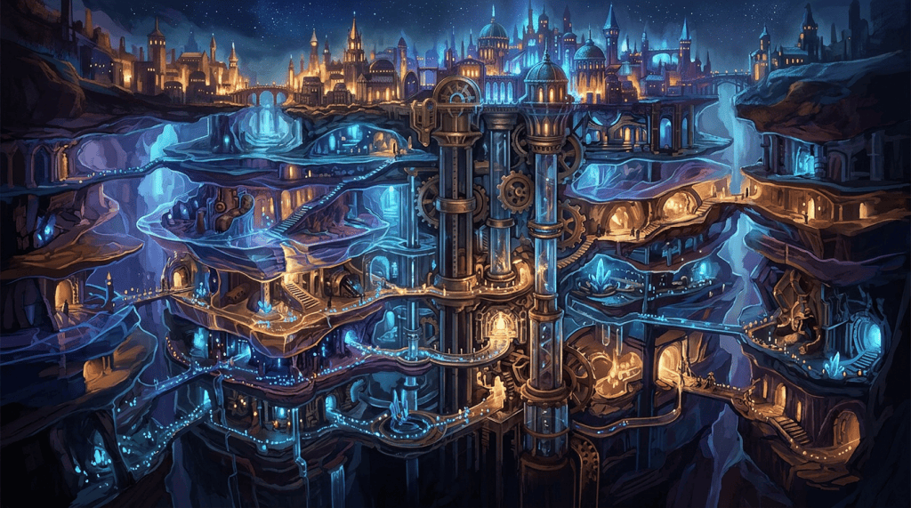 Fantastical city above glowing underground caverns with gears and waterfalls