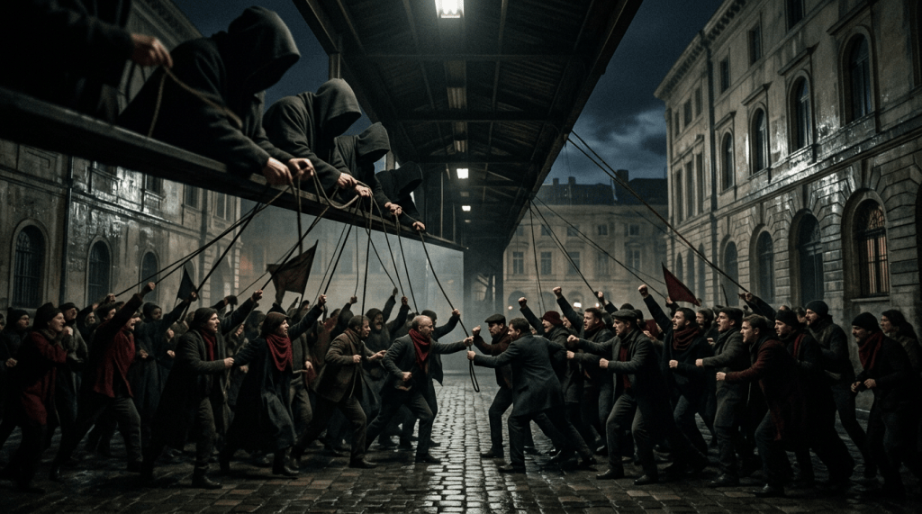 Crowd confronting hooded figures above a wet city street