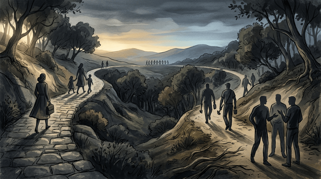 People walking along winding paths through a wooded valley and mountains