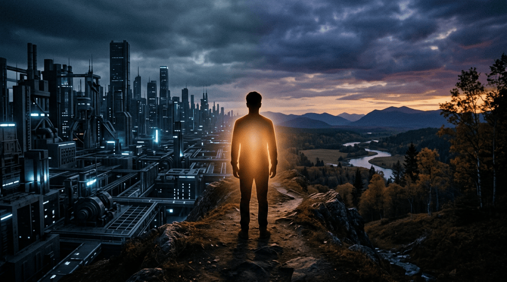 Silhouetted person overlooking a futuristic city and mountain valley
