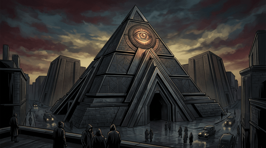 Pyramid temple with an eye symbol surrounded by people and city buildings