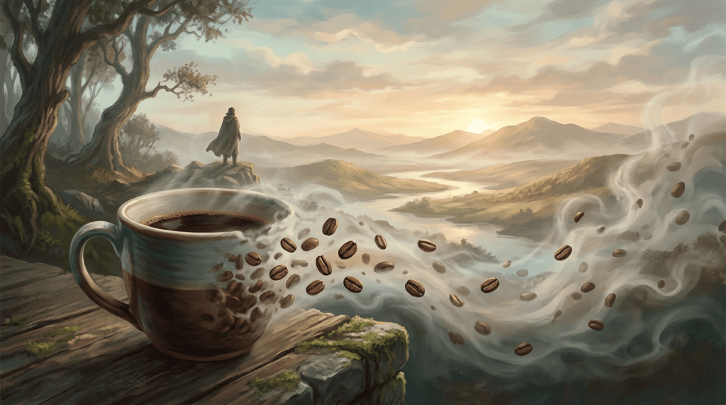 Steaming coffee cup with swirling beans overlooking a mountain valley