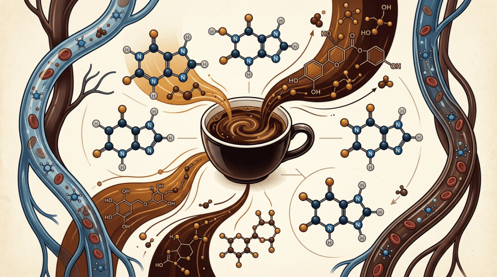 Coffee cup surrounded by molecular structures and DNA strands