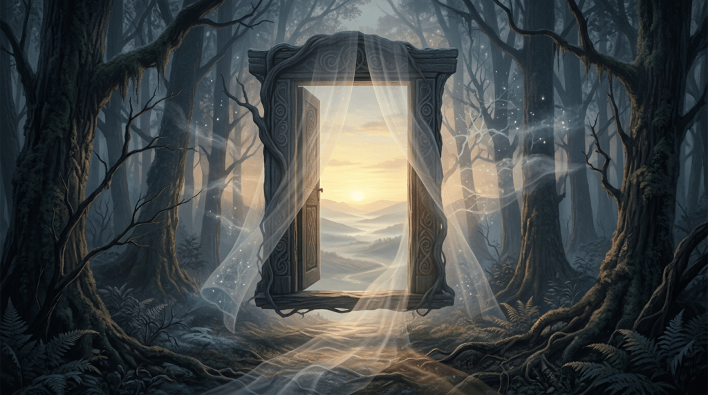 Ornate open doorway in a dark forest revealing sunlit mountains