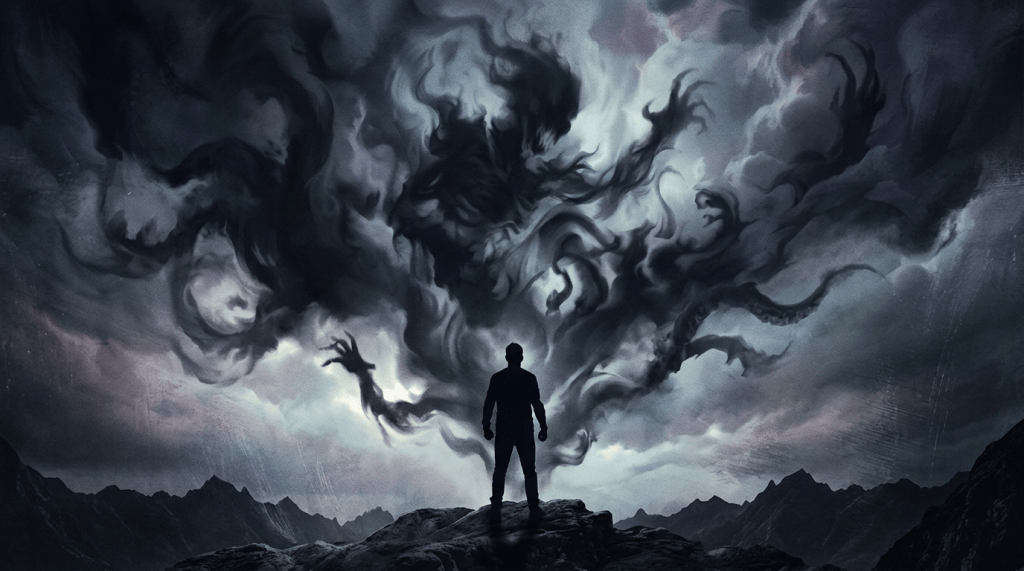 Silhouette standing on a mountain beneath swirling storm clouds
