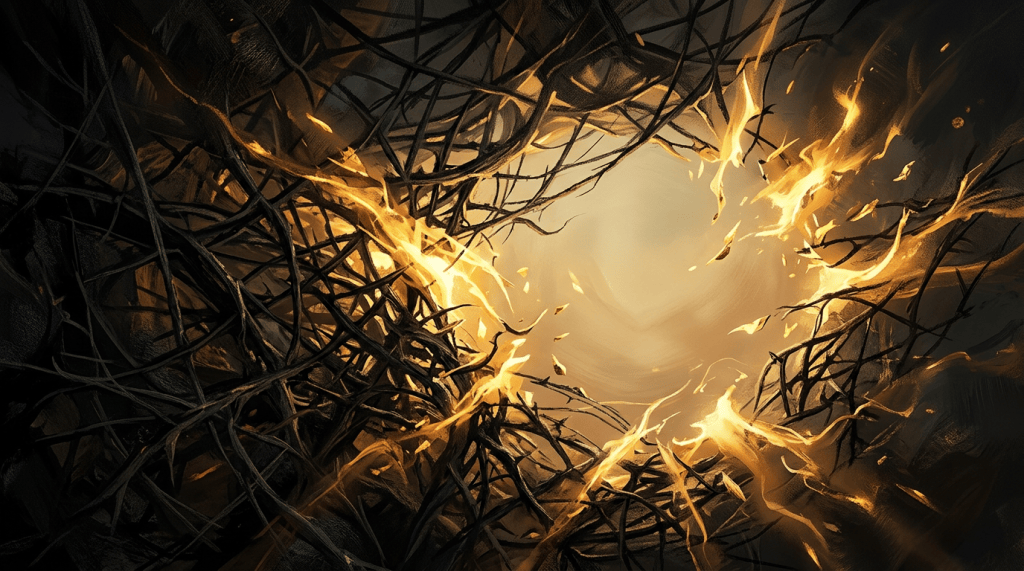 Golden flames breaking through a dense tangle of dark branches