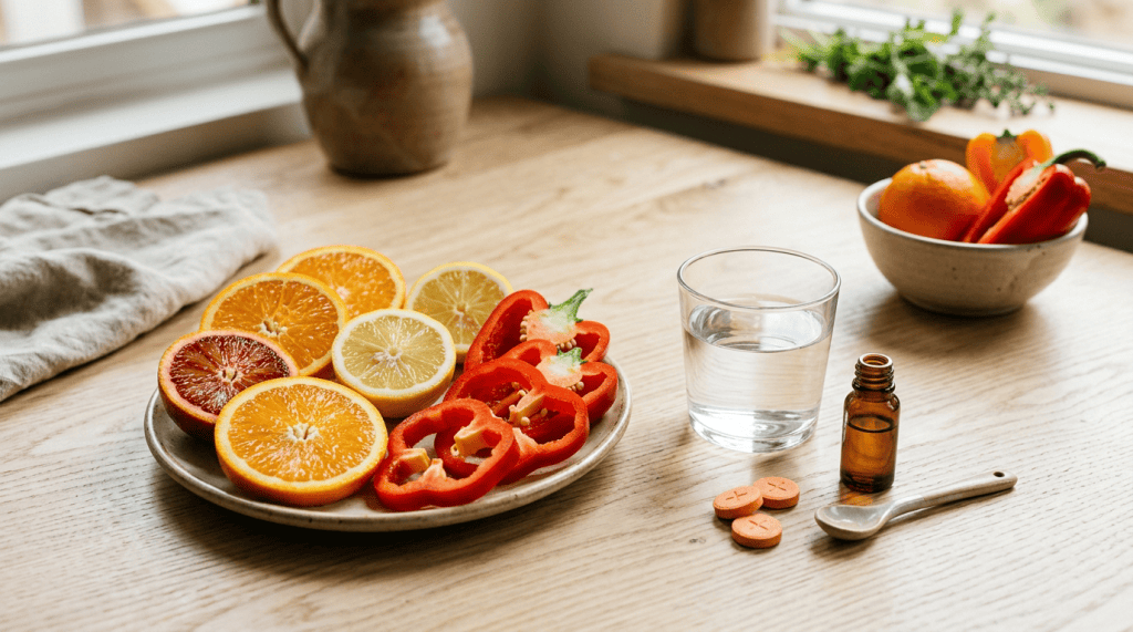 Sliced citrus and red peppers beside water, tablets, and an amber bottle