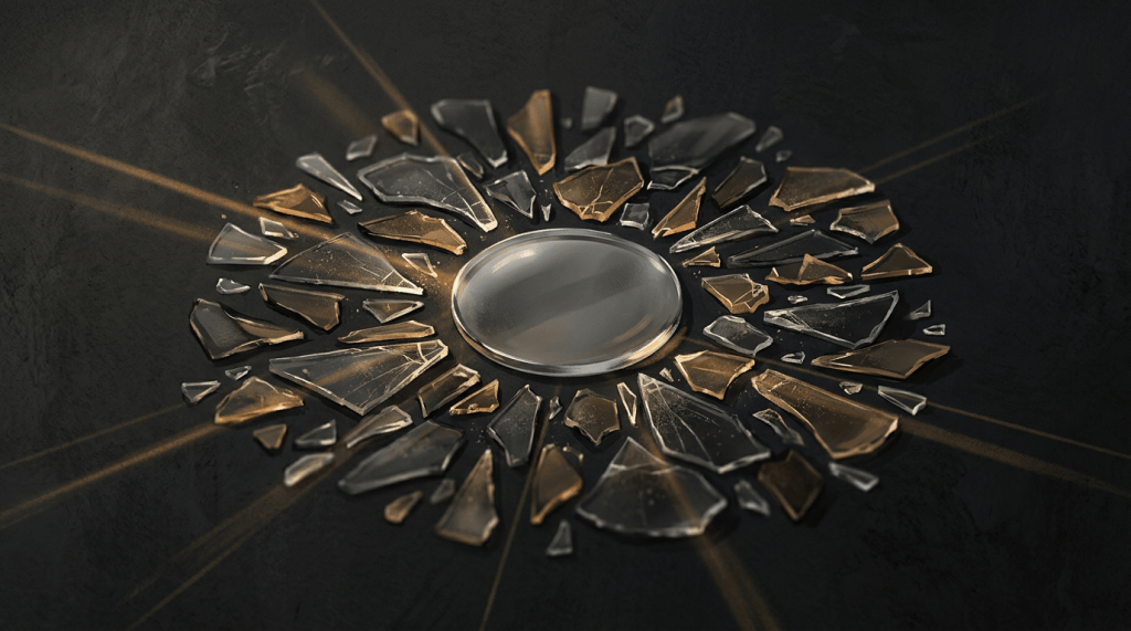 Broken glass shards arranged in a circle around a reflective disc