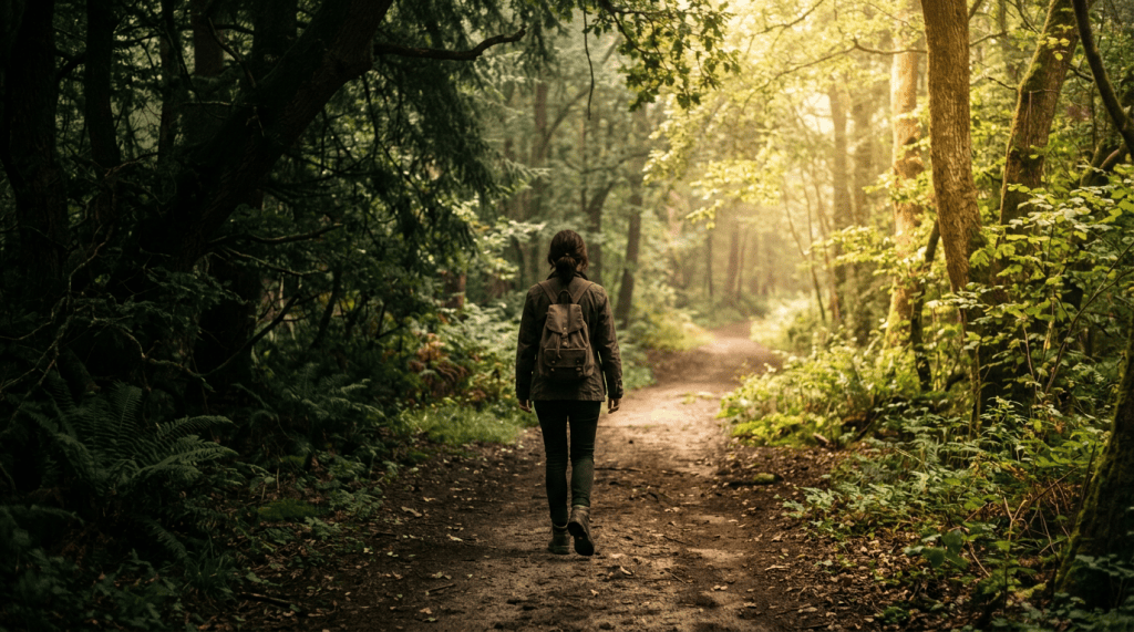 Person with backpack walking along a wooded forest trail