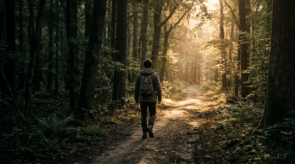 Hiker with backpack walking along a sunlit forest trail