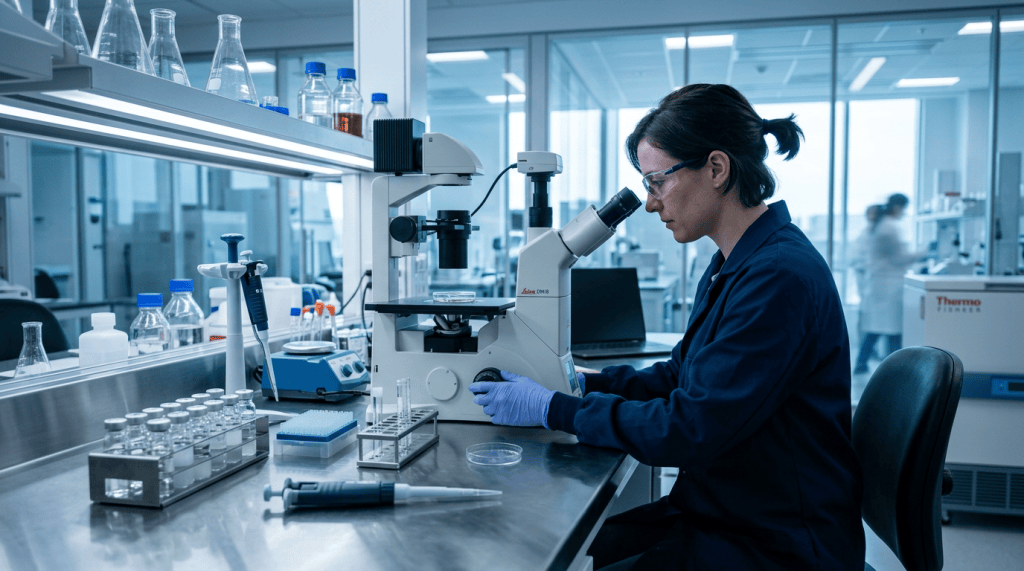 Scientist examining a sample through a microscope in a laboratory